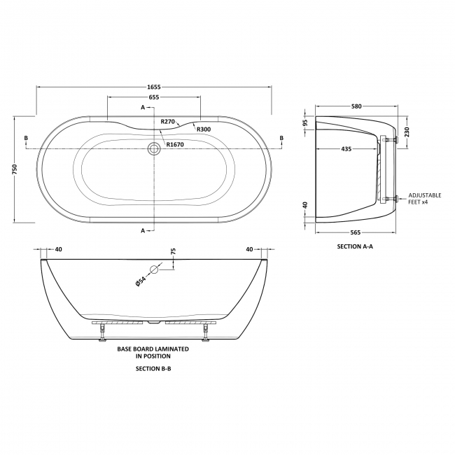 Delphi Vista Oval Freestanding Bath 1655mm x 750mm  | Dimension Image