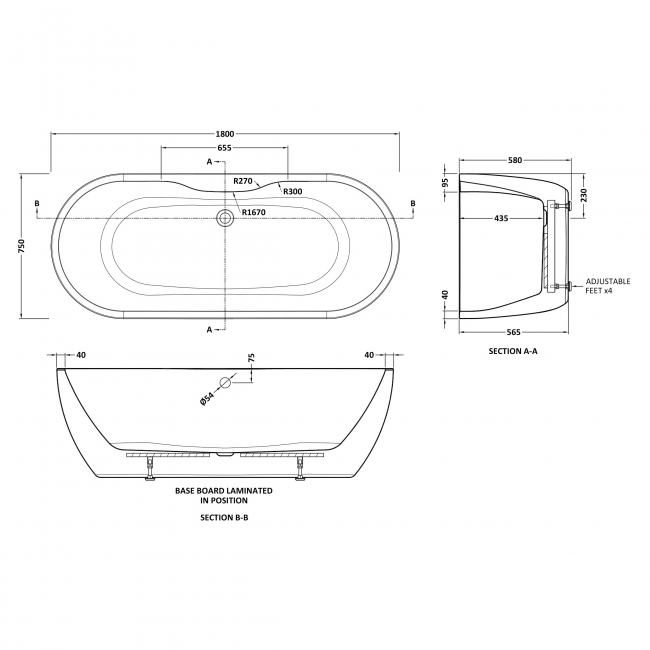 Delphi Vista Oval Freestanding Bath 1800mm x 750mm  | Dimension Image