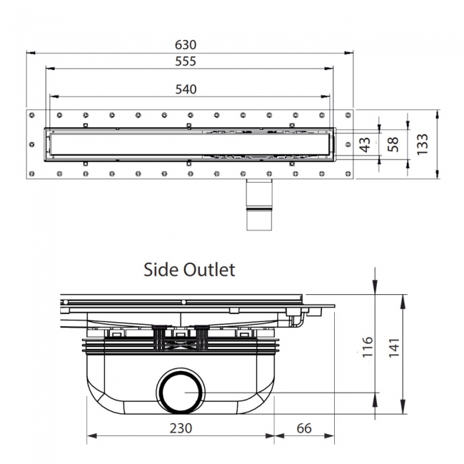 Purus Living Linear Side Wet Floor Drain 600mm Wide Bronze Tile Grate