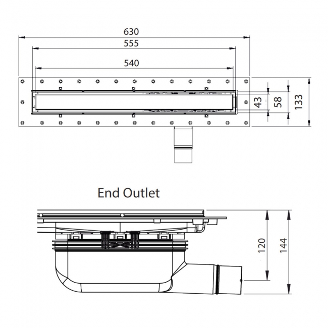 Purus Living Linear End Wet Floor Drain 600mm Wide Bronze Tile Grate
