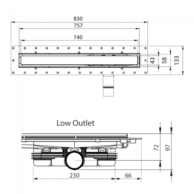 Purus Living Linear Low Wet Floor Drain 800mm Wide Brushed Brass Tile Grate