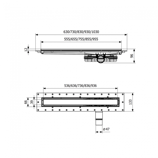 Purus Living Linear Low Wet Floor Drain 600mm Wide Stainless Steel Tile Grate