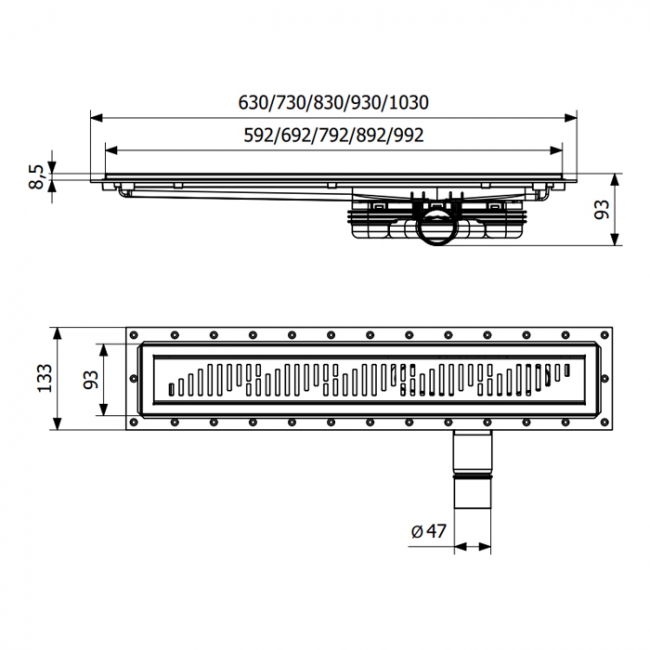 Purus Living Linear Low Wet Floor Drain 600mm Wide Stainless Steel Twist Grate