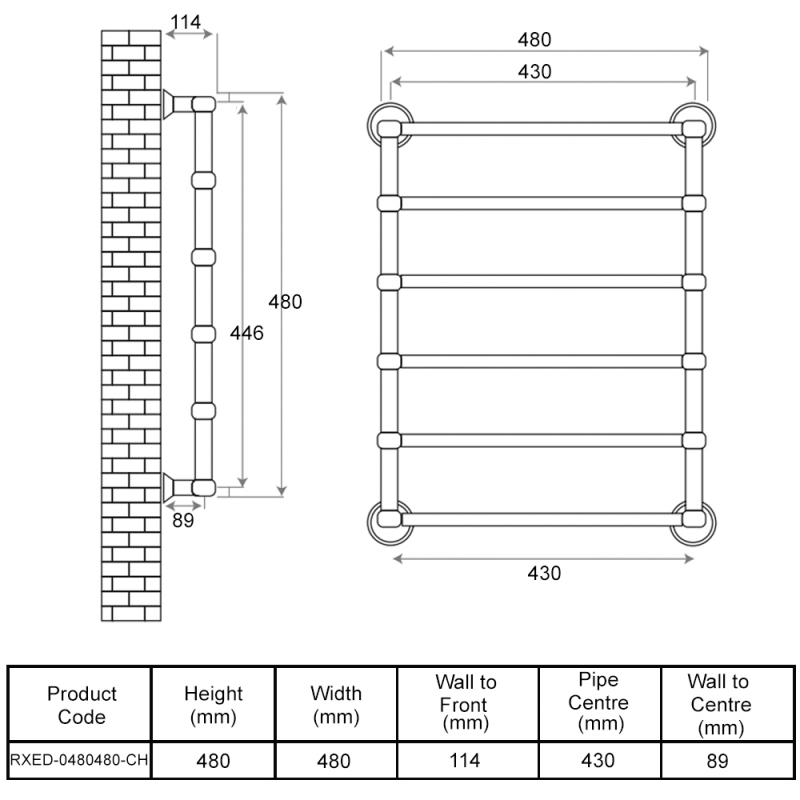 Radox Edwardian Traditional Heated Towel Rail 480mm H x 480mm W Chrome  | Dimension Image