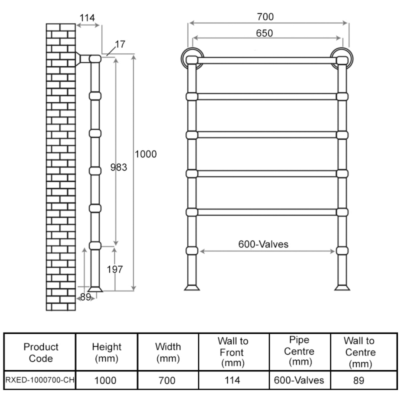 Radox Edwardian Traditional Heated Towel Rail 1000mm H x 700mm W Chrome