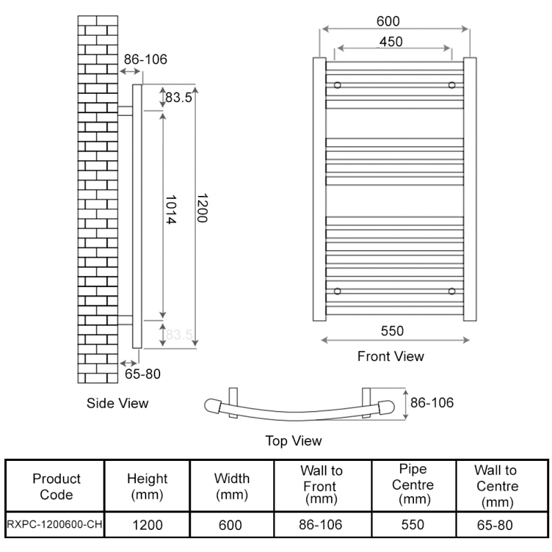 Radox Premier Curved Heated Towel Rail 1200mm H x 600mm W - Chrome  | Dimension Image