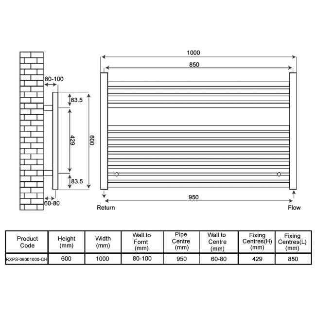 Radox Premier Horizontal Heated Towel Rail 600mm H x 1000mm W Chrome