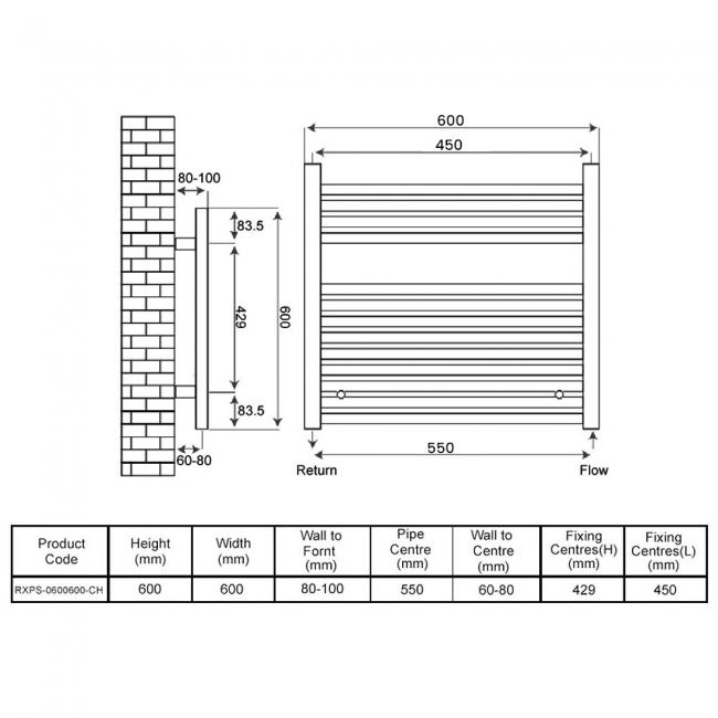 Radox Premier Straight Horizontal Heated Towel Rail 600mm H x 600mm W - Chrome