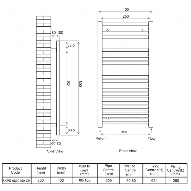 Radox Premier Straight Heated Towel Rail 800mm H x 400mm W - Chrome