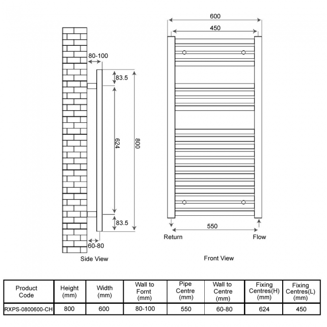 Radox Premier Straight Heated Towel Rail 800mm H x 600mm W - Chrome  | Dimension Image