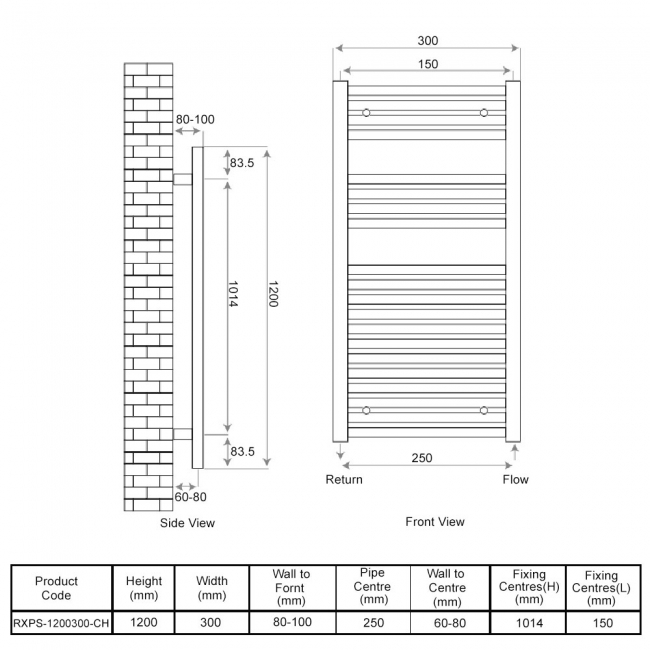 Radox Premier Flat Straight Heated Towel Rail 1200mm H x 300mm W - Chrome  | Dimension Image