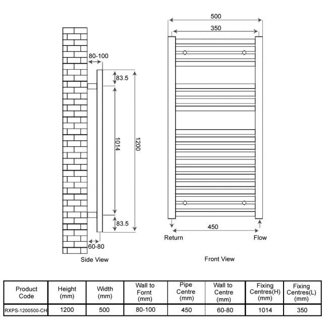 Radox Premier Straight Heated Towel Rail 1200mm H x 500mm W - Chrome  | Dimension Image