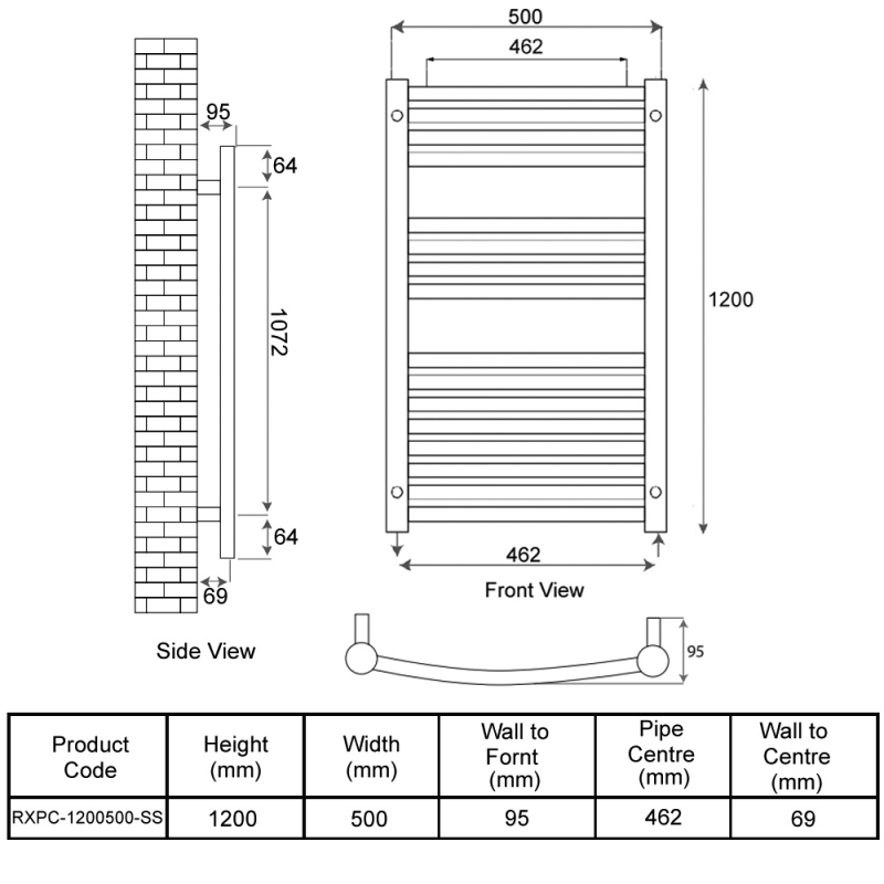 Radox Premier XL Curved Heated Towel Rail 1200mm H x 500mm W - Stainless Steel