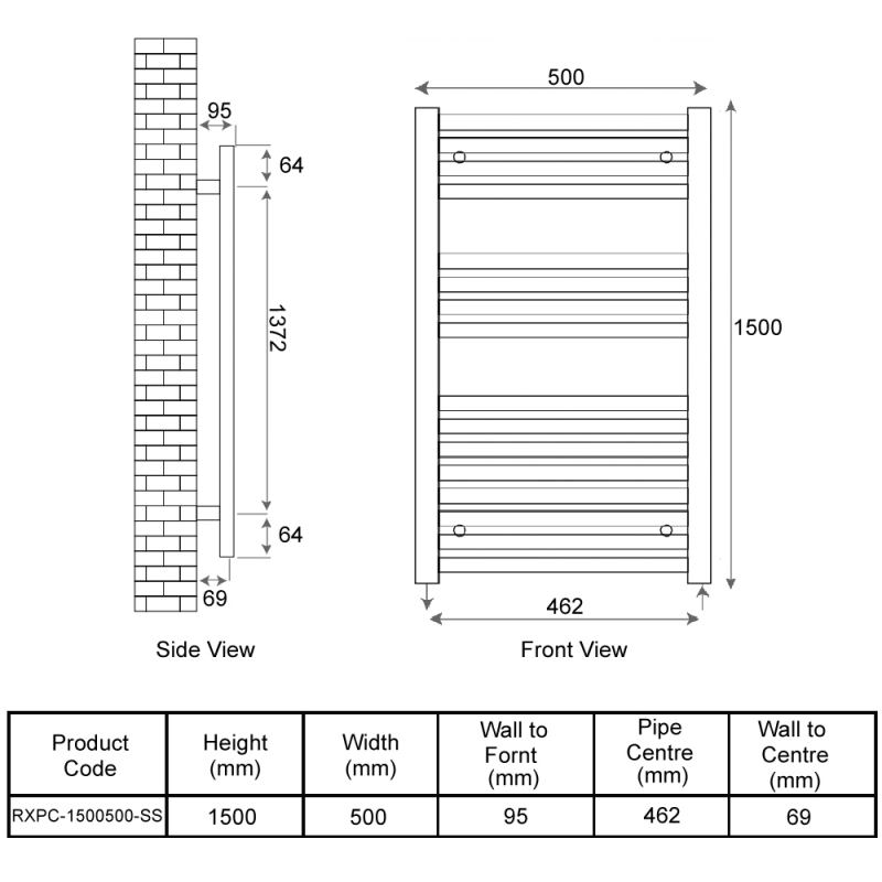 Radox Premier XL Curved Heated Towel Rail 1500mm H x 500mm W - Stainless Steel
