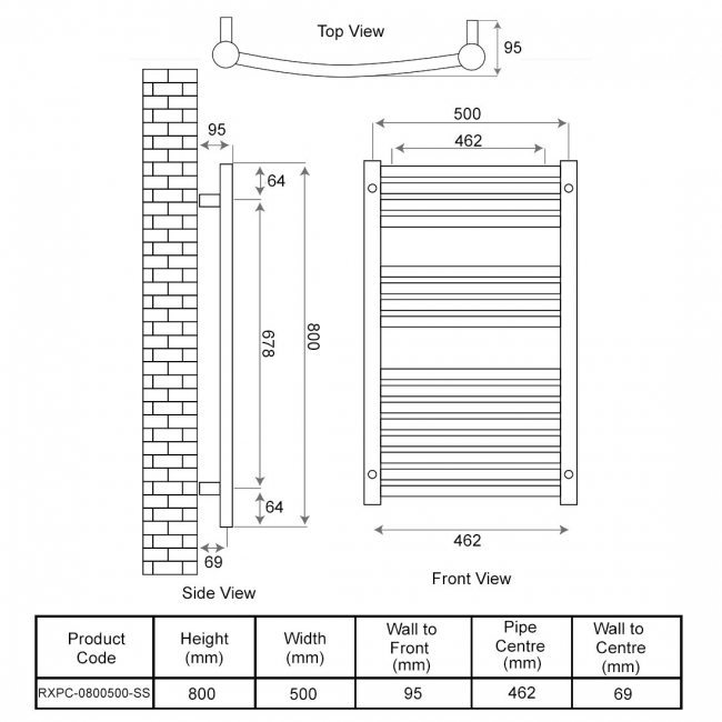 Radox Premier XL Curved Heated Towel Rail 800mm H x 500mm W - Stainless Steel