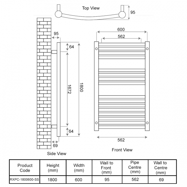 Radox Premier XL Curved Heated Towel Rail 1800mm H x 600mm W - Stainless Steel