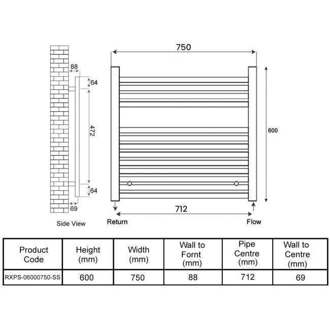 Radox Premier XL Straight Horizontal Heated Towel Rail 600mm H x 750mm W - Stainless Steel