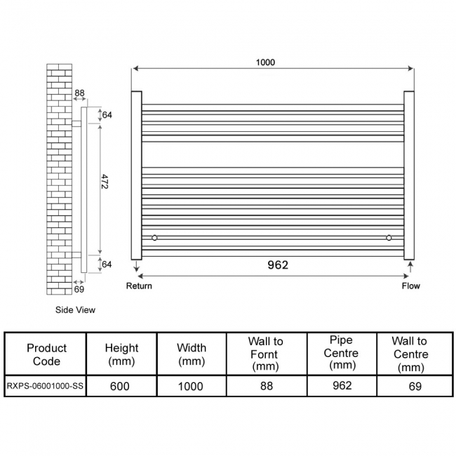 Radox Premier XL Straight Horizontal Heated Towel Rail 600mm H x 1000mm W - Stainless Steel