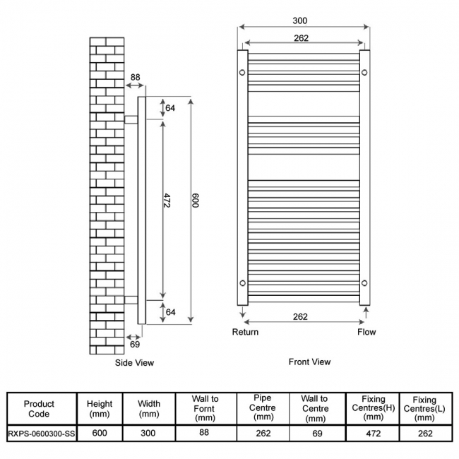 Radox Premier XL Slimline Straight Heated Towel Rail 600mm H x 300mm W - Stainless Steel