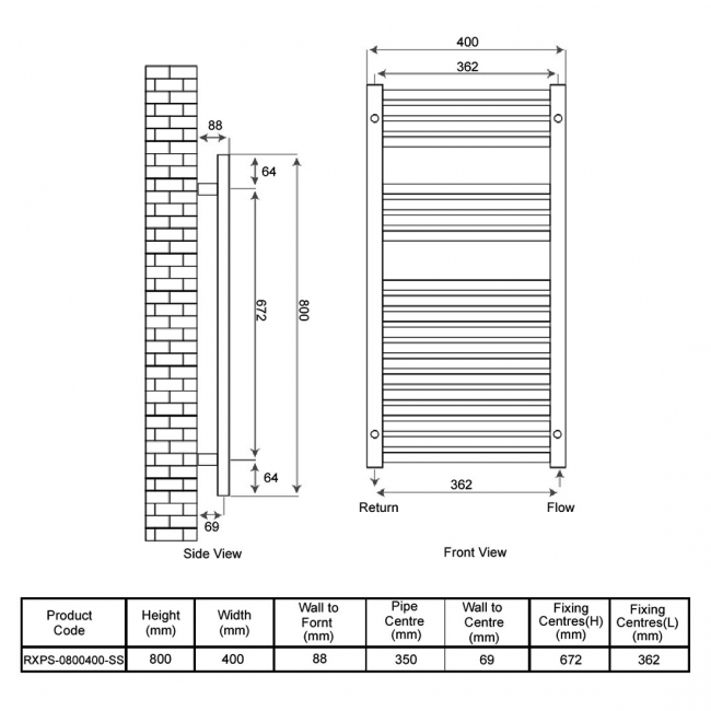 Radox Premier XL Straight Heated Towel Rail 800mm H x 400mm W - Stainless Steel