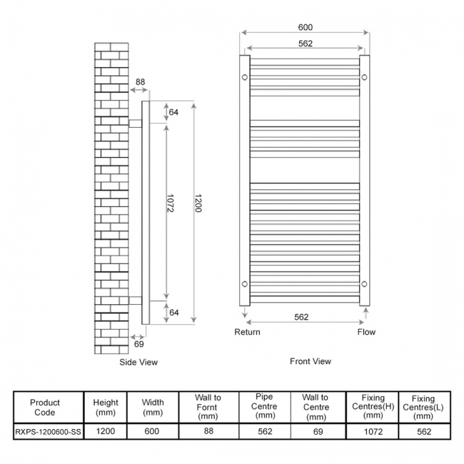 Radox Premier XL Straight Heated Towel Rail 1200mm H x 600mm W - Stainless Steel