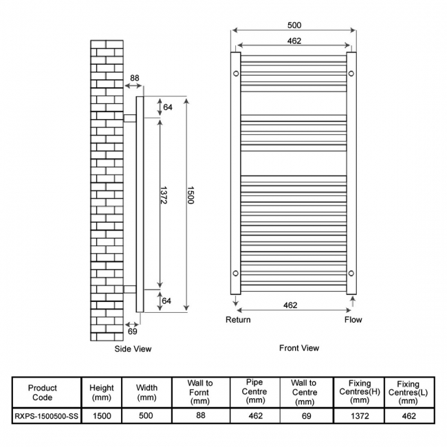 Radox Premier XL Straight Heated Towel Rail 1500mm H x 500mm W - Stainless Steel
