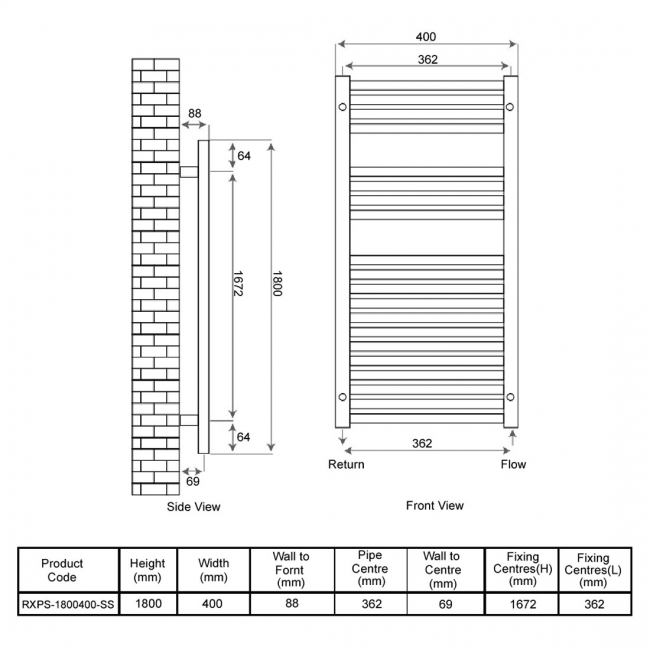 Radox Premier XL Straight Heated Towel Rail 1800mm H x 400mm W - Stainless Steel