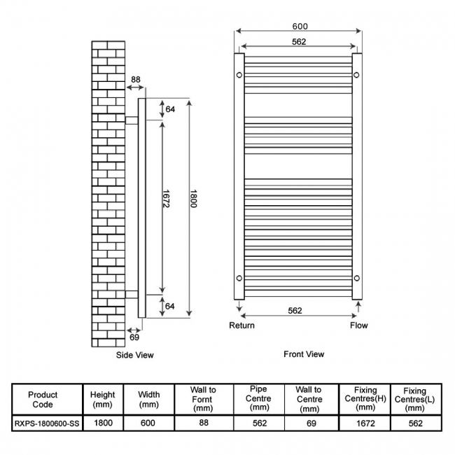Radox Premier XL Straight Heated Towel Rail 1800mm H x 600mm W - Stainless Steel