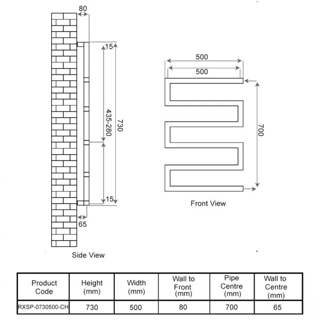 Radox Serpentine Designer Heated Towel Rail 730mm H x 500mm W Chrome
