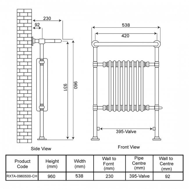 Radox Taurus Traditional Radiator Heated Towel Rail 960mm H x 538mm W - Chrome/White  | Dimension Image