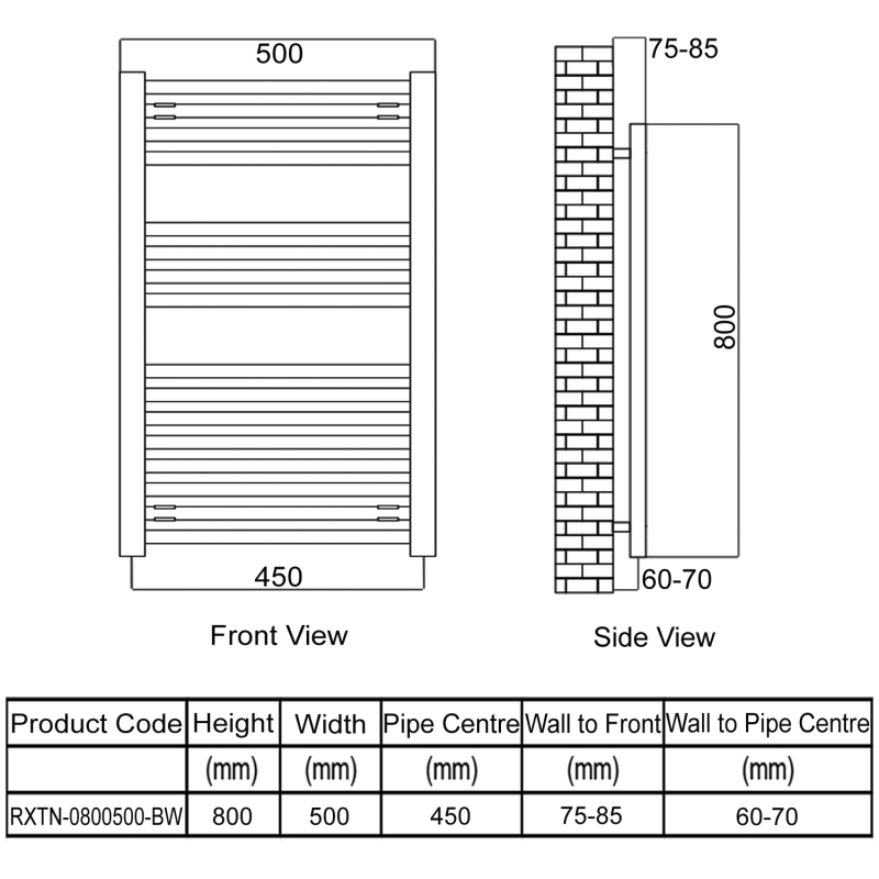 Radox Tinto Straight Heated Towel Rail 800mm H x 500mm W - Brilliant White  | Dimension Image