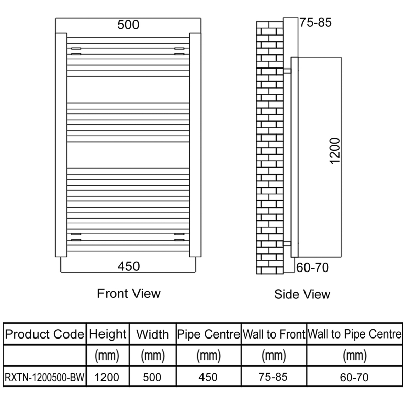 Radox Tinto Straight Heated Towel Rail 1200mm H x 500mm W - Brilliant White  | Dimension Image