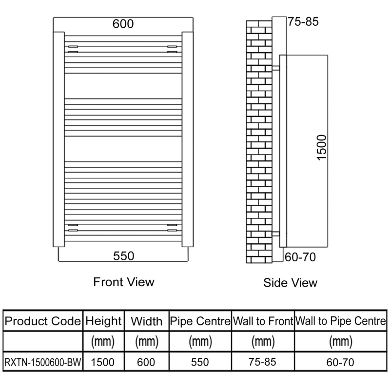 Radox Tinto Straight Heated Towel Rail 1500mm H x 600mm W - Brilliant White  | Dimension Image