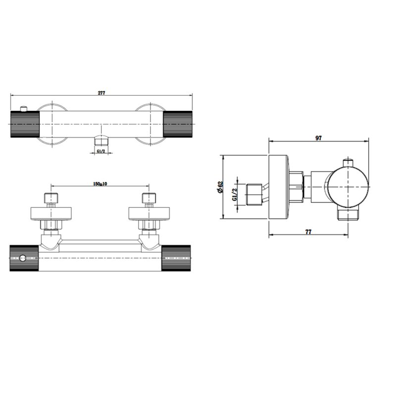 RAK Amalfi Thermostatic Bar Shower Valve Bottom Outlet - Brushed Nickel