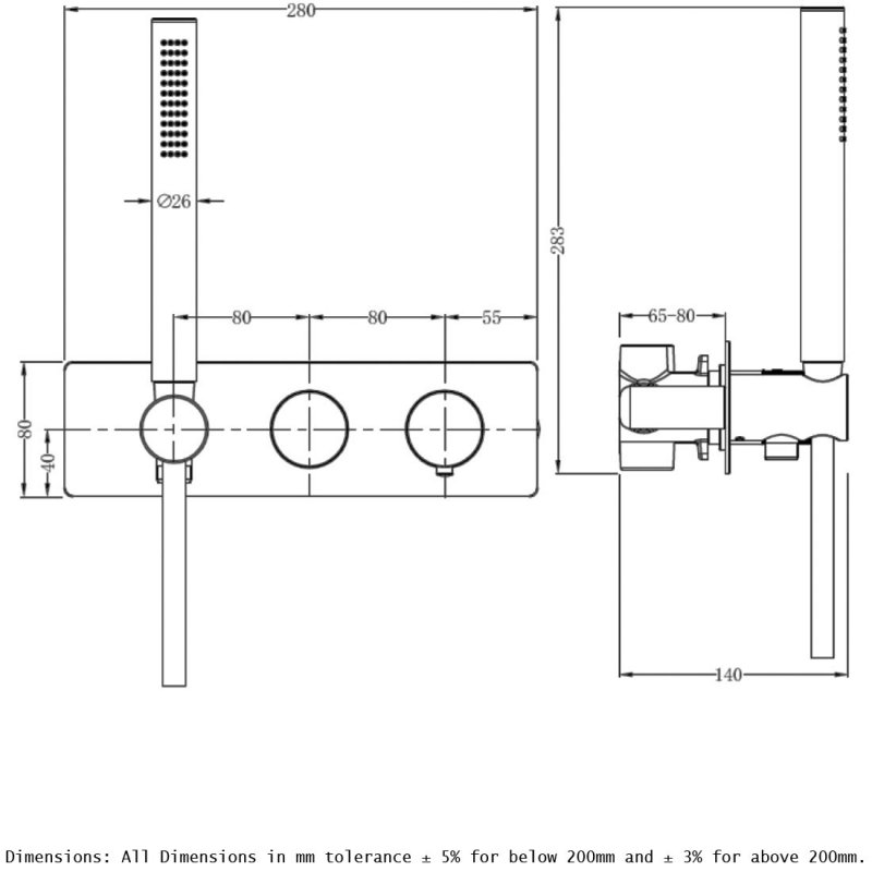 RAK Amalfi Thermostatic Concealed Dual Outlet Shower Valve with Handset - Matt Black