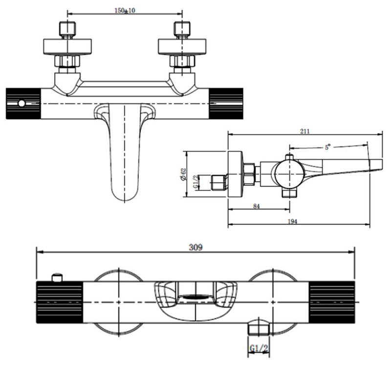 RAK Ceramics Amalfi Bath Shower Mixer Tap RAKAMA3009B Wall Mounted