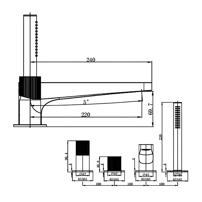 RAK Amalfi 4-Hole Bath Shower Mixer Tap Pillar Mounted - Brushed Gold