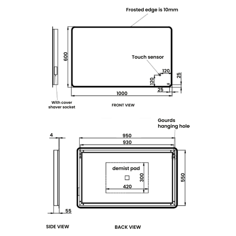 RAK Amethyst Landscape LED Mirror with Switch and Demister Pad 600mm H x 1000mm W Illuminated