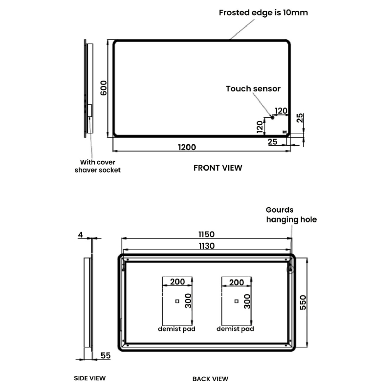 RAK Amethyst Landscape LED Mirror with Switch and Demister Pad 600mm H x 1200mm W Illuminated