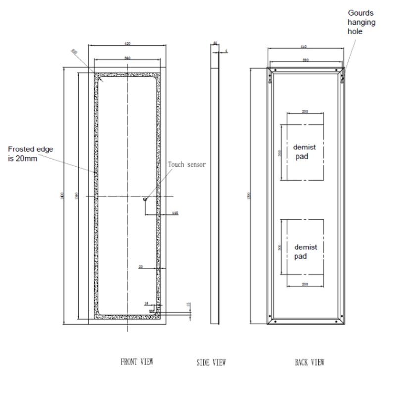 RAK Aquarius Portrait Tall Dress LED Mirror with Switch and Demister Pad 1400mm H x 420mm W Illuminated