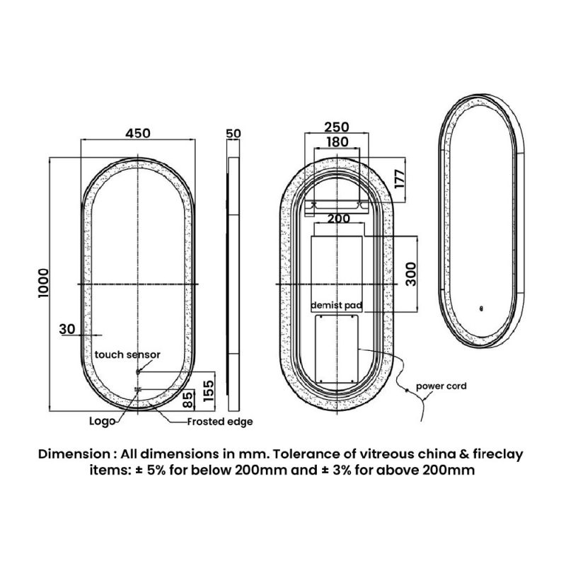 RAK Art Oval LED Illuminated Bathroom Mirror with Demister Pad 1000mm H x 450mm W - Matt Black