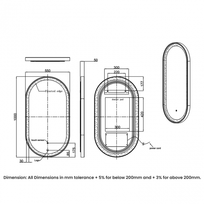 RAK Art Oval LED Illuminated Bathroom Mirror with Demister Pad 1000mm H x 550mm W - Brushed Gold