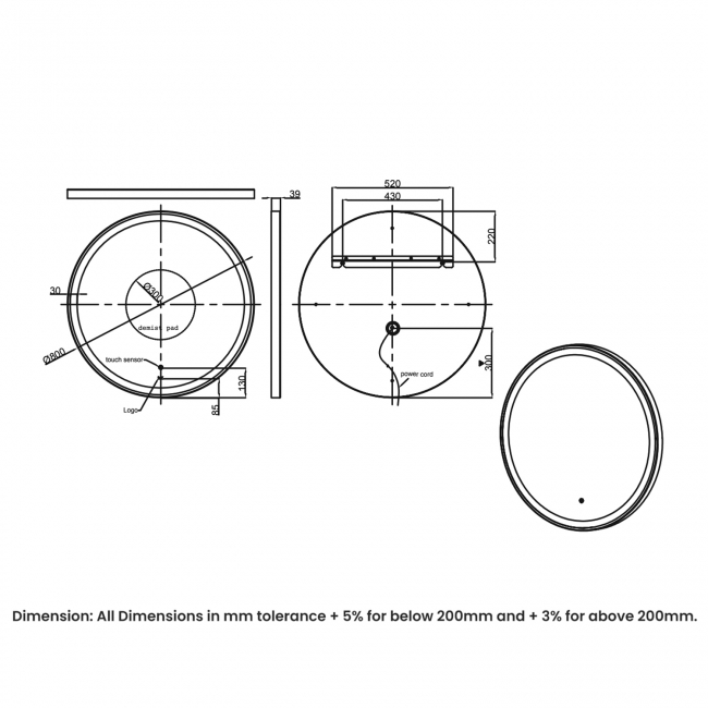 RAK Art Round LED Illuminated Bathroom Mirror with Demister Pad 800mm Diameter - Brushed Gold
