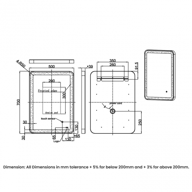 RAK Art Soft LED Illuminated Bathroom Mirror with Demister Pad 700mm H x 500mm W - Matt Black