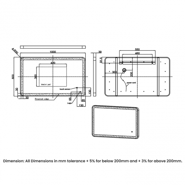 RAK Art Soft LED Illuminated Bathroom Mirror with Demister Pad 600mm H x 1000mm W - Matt Black