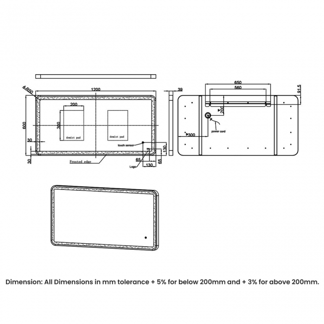 RAK Art Soft LED Illuminated Bathroom Mirror with Demister Pad 600mm H x 1200mm W - Brushed Nickel  | Dimension Image