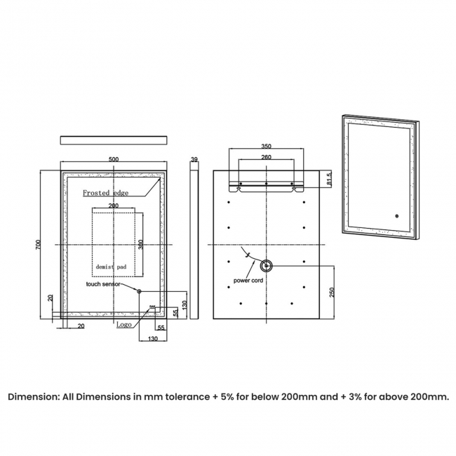 RAK Art Square LED Bathroom Mirror with Demister Pad 700mm H x 500mm W - Matt Black