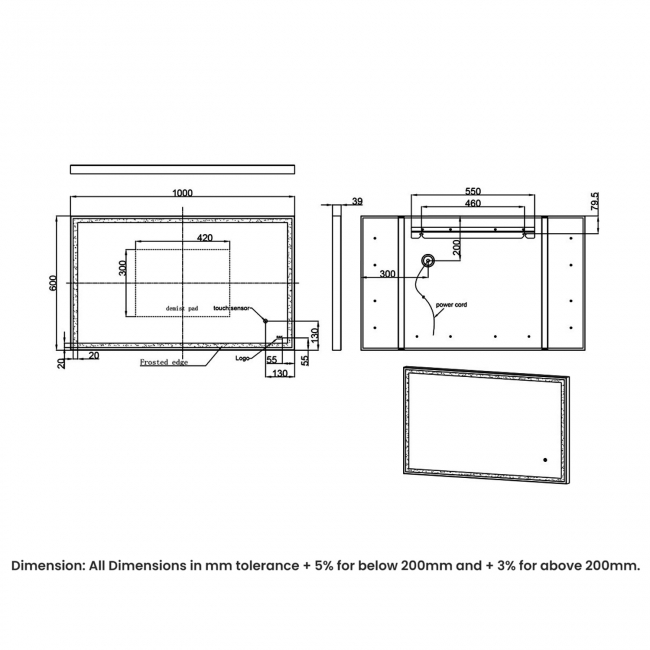 RAK Art Square LED Bathroom Mirror with Demister Pad 600mm H x 1000mm W - Brushed Gold