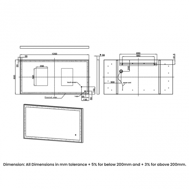RAK Art Square LED Bathroom Mirror with Demister Pad 600mm H x 1200mm W - Brushed Gold