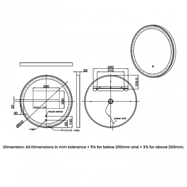 RAK Art Round LED Illuminated Bathroom Mirror with Demister Pad 600mm Diameter - Brushed Nickel